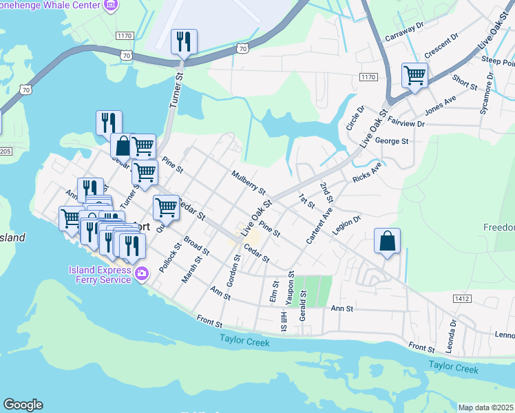map of restaurants, bars, coffee shops, grocery stores, and more near 509 Live Oak Street in Beaufort