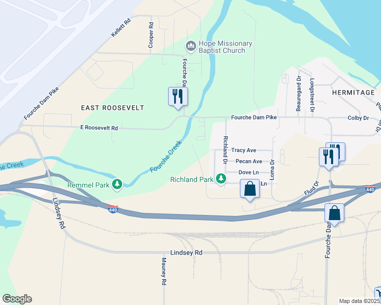 map of restaurants, bars, coffee shops, grocery stores, and more near 2902 Bermuda Lane in Little Rock