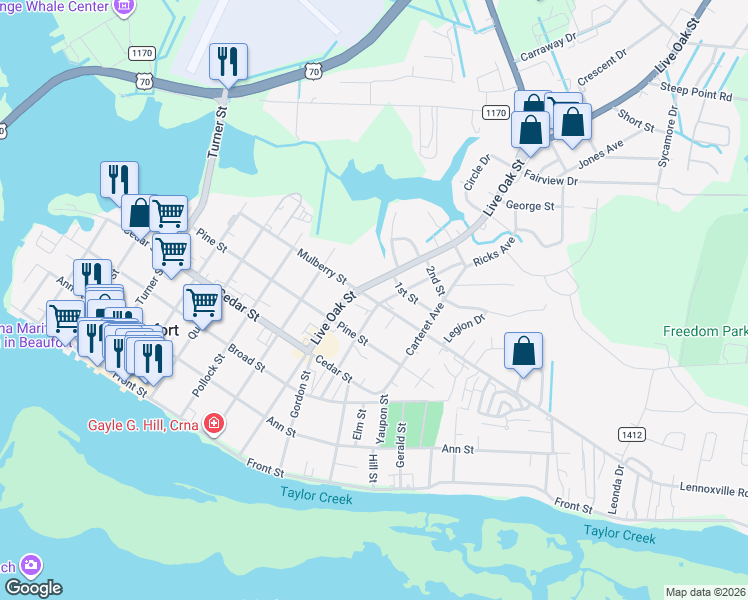 map of restaurants, bars, coffee shops, grocery stores, and more near 1005 Lennoxville Road in Beaufort