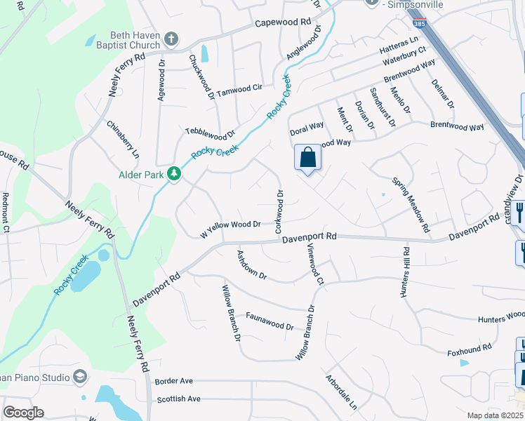 map of restaurants, bars, coffee shops, grocery stores, and more near 407 West Yellow Wood Drive in Simpsonville