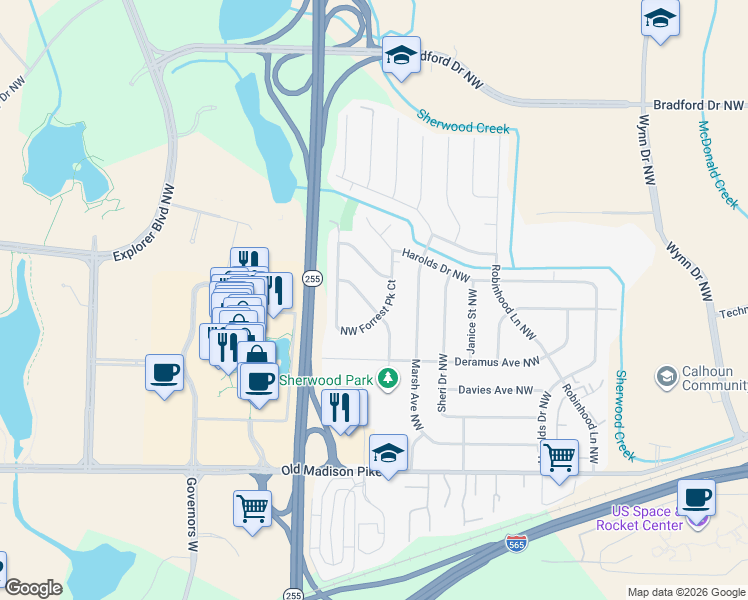 map of restaurants, bars, coffee shops, grocery stores, and more near 503 Town and Country Drive Northwest in Huntsville