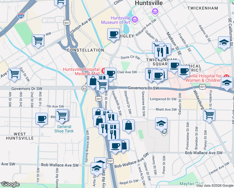 map of restaurants, bars, coffee shops, grocery stores, and more near 2007 Vanderbilt Drive Southwest in Huntsville