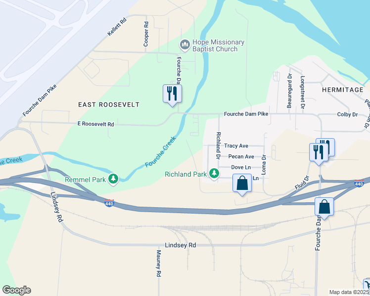 map of restaurants, bars, coffee shops, grocery stores, and more near 2902 Bermuda Lane in Little Rock
