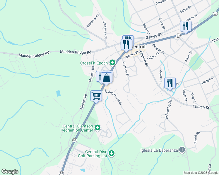 map of restaurants, bars, coffee shops, grocery stores, and more near 105 Plaza Court in Central