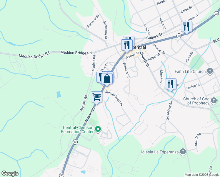 map of restaurants, bars, coffee shops, grocery stores, and more near 105 Plaza Court in Central