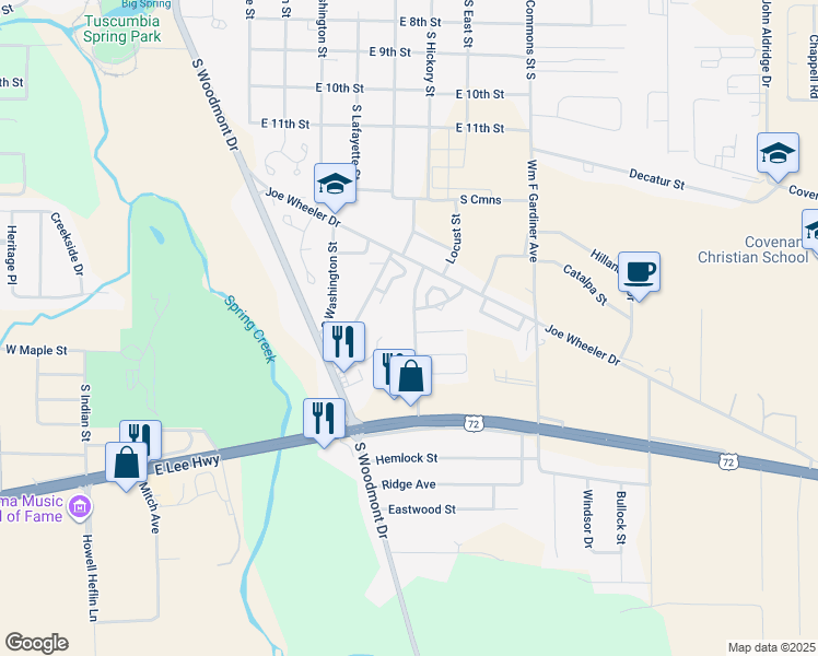 map of restaurants, bars, coffee shops, grocery stores, and more near 316 Avenue East in Tuscumbia