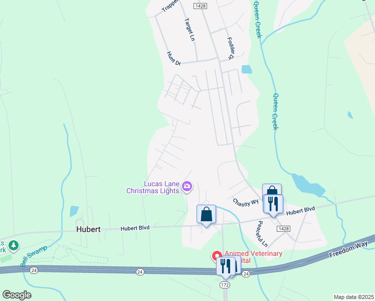 map of restaurants, bars, coffee shops, grocery stores, and more near 394 Morton Farm Road in Hubert