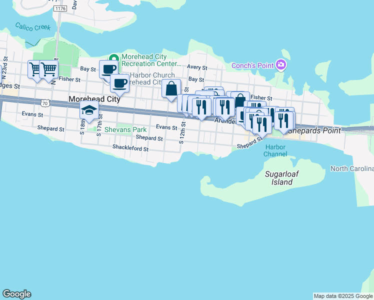 map of restaurants, bars, coffee shops, grocery stores, and more near 11th St in Morehead City