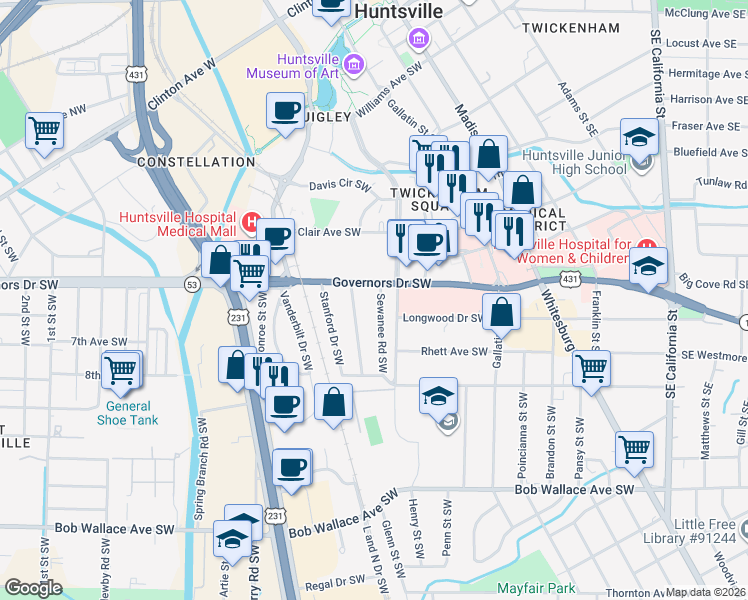 map of restaurants, bars, coffee shops, grocery stores, and more near 2009 Sewanee Road Southwest in Huntsville