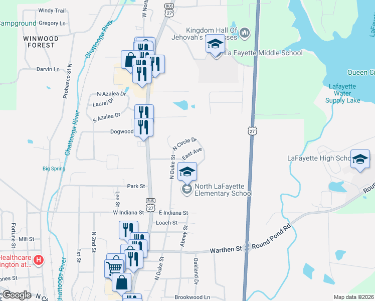 map of restaurants, bars, coffee shops, grocery stores, and more near 205 East Avenue in LaFayette