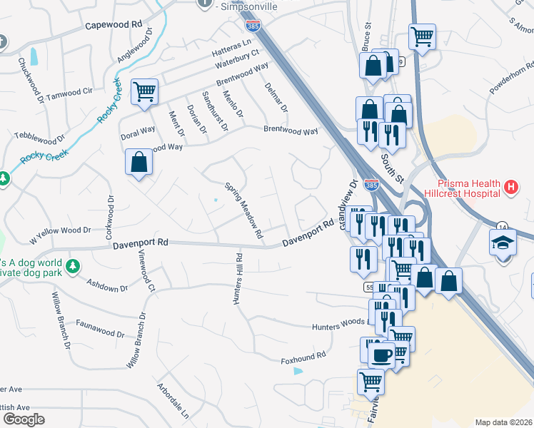 map of restaurants, bars, coffee shops, grocery stores, and more near 1 Foxtrail Court in Simpsonville