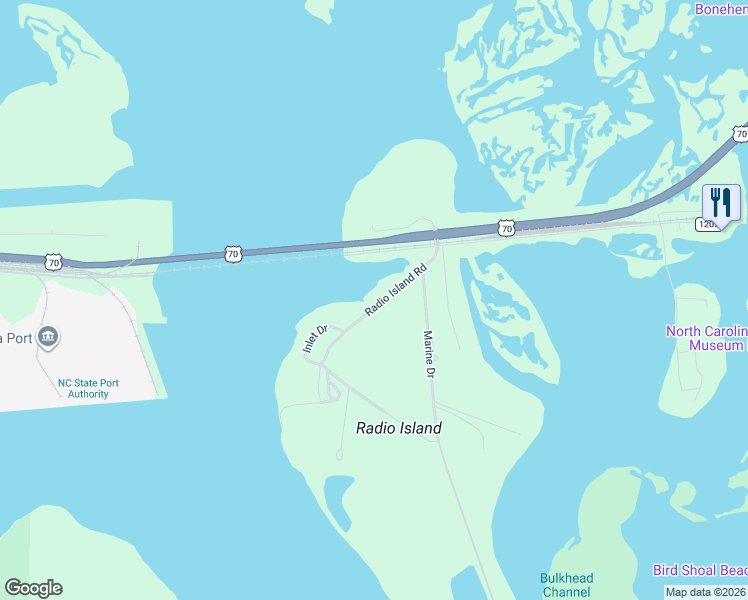 map of restaurants, bars, coffee shops, grocery stores, and more near 133-221 Radio Island Road in Beaufort