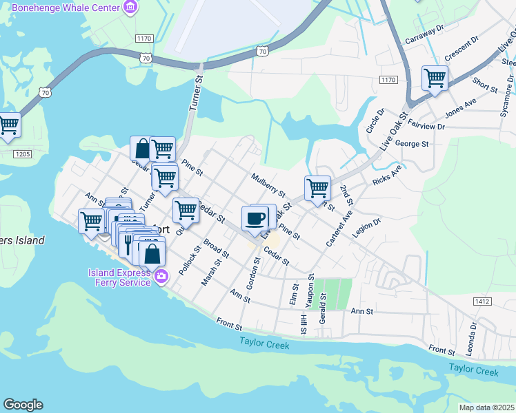 map of restaurants, bars, coffee shops, grocery stores, and more near 803 Pine Street in Beaufort