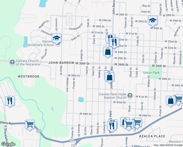 map of restaurants, bars, coffee shops, grocery stores, and more near 3717 Elam Street in Little Rock