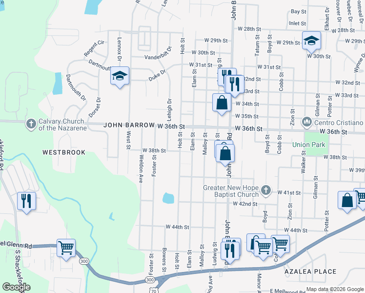 map of restaurants, bars, coffee shops, grocery stores, and more near 3800 Holt Street in Little Rock