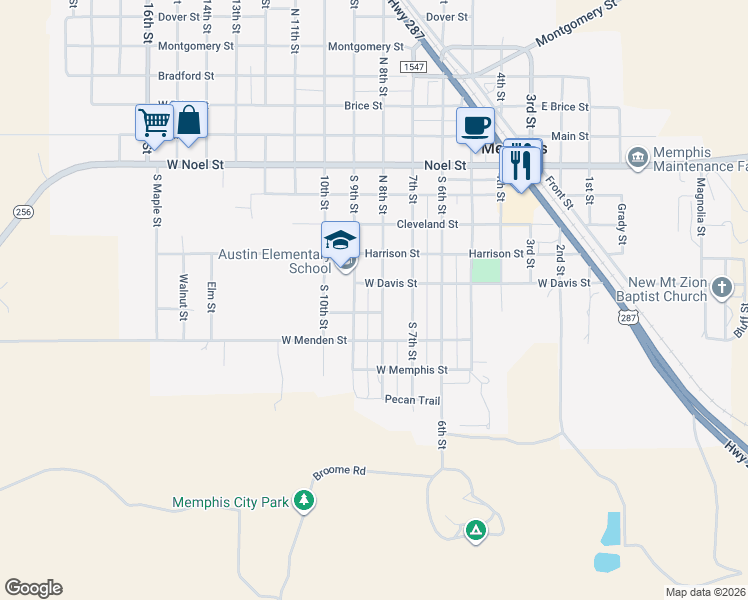 map of restaurants, bars, coffee shops, grocery stores, and more near 800-898 West Skiddy Street in Memphis