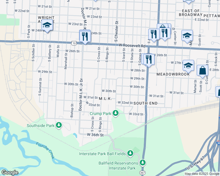 map of restaurants, bars, coffee shops, grocery stores, and more near 3000 South Chester Street in Little Rock