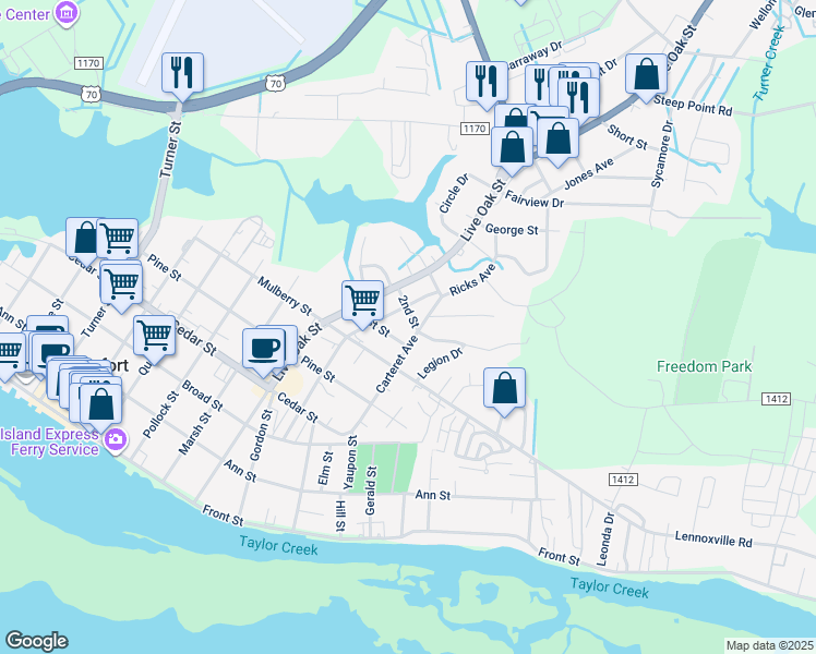 map of restaurants, bars, coffee shops, grocery stores, and more near 206 2nd Street in Beaufort