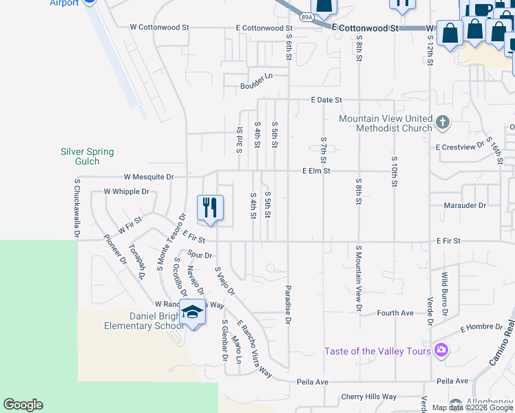 map of restaurants, bars, coffee shops, grocery stores, and more near 1122 South 5th Street in Cottonwood