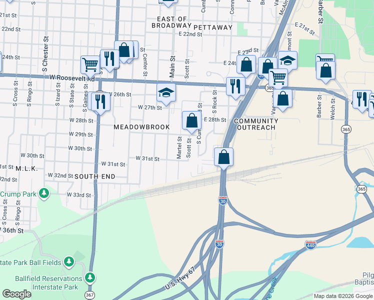map of restaurants, bars, coffee shops, grocery stores, and more near 3009 Scott Street in Little Rock
