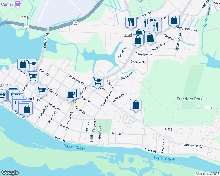 map of restaurants, bars, coffee shops, grocery stores, and more near 206 2nd Street in Beaufort