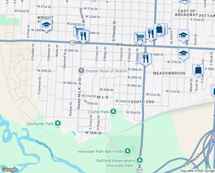 map of restaurants, bars, coffee shops, grocery stores, and more near 3000 South Chester Street in Little Rock