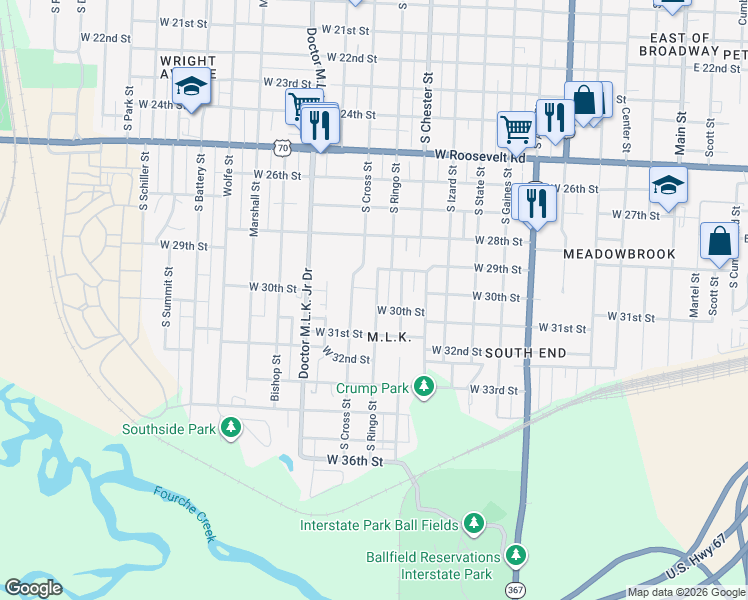 map of restaurants, bars, coffee shops, grocery stores, and more near 3000 South Ringo Street in Little Rock