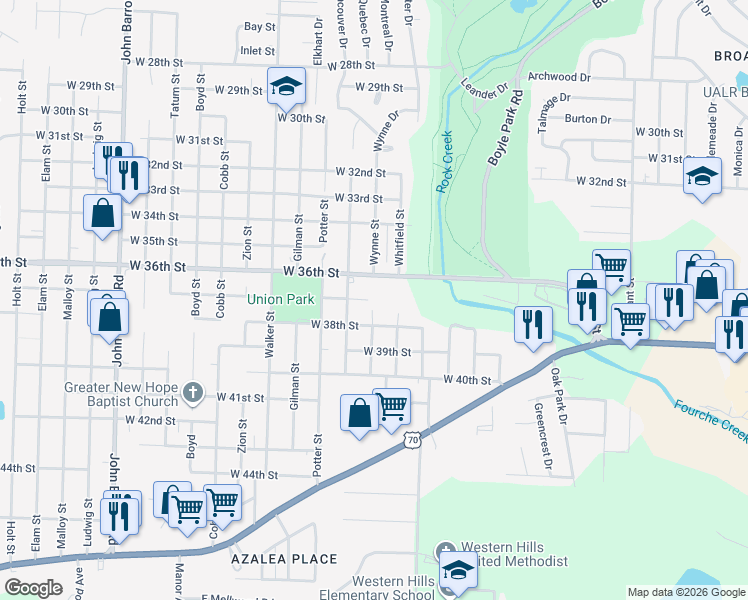 map of restaurants, bars, coffee shops, grocery stores, and more near 3720 Wynne Street in Little Rock