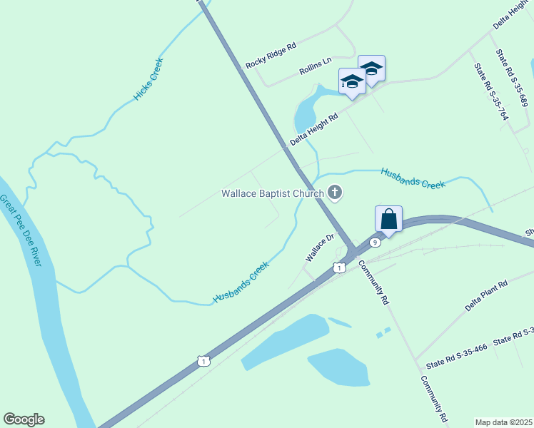 map of restaurants, bars, coffee shops, grocery stores, and more near 461 David Lane in Wallace