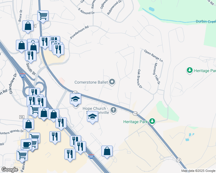 map of restaurants, bars, coffee shops, grocery stores, and more near 114 Pride Drive in Simpsonville