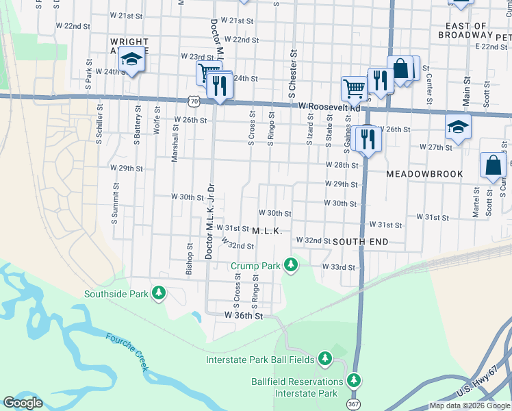 map of restaurants, bars, coffee shops, grocery stores, and more near 3000 South Ringo Street in Little Rock