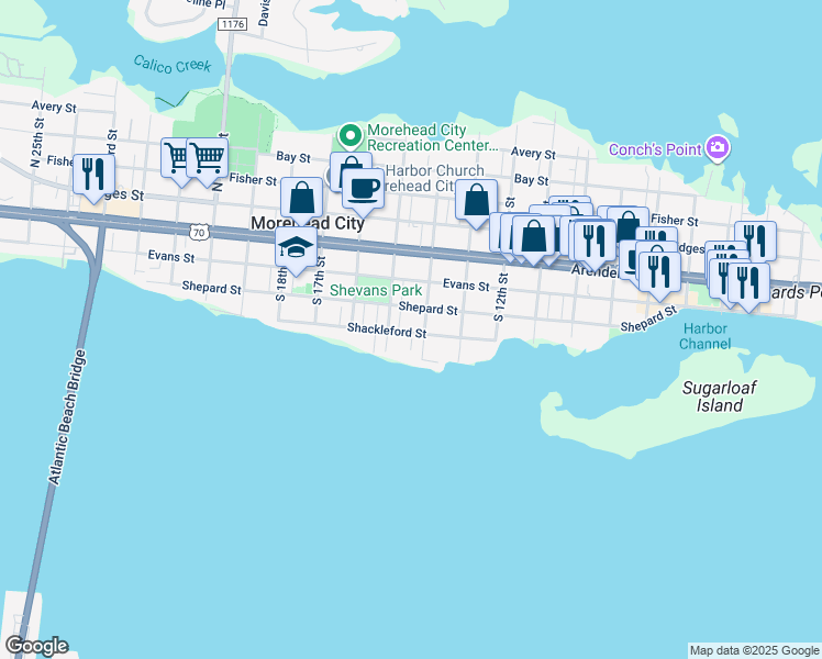 map of restaurants, bars, coffee shops, grocery stores, and more near 1404 Shackleford St in Morehead City