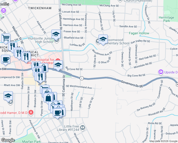 map of restaurants, bars, coffee shops, grocery stores, and more near 1207 Governors Drive Southeast in Huntsville