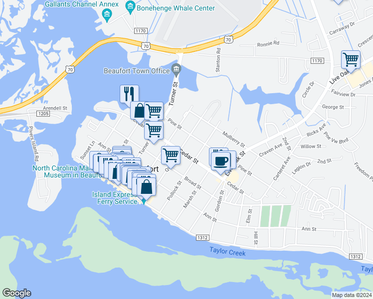 map of restaurants, bars, coffee shops, grocery stores, and more near 608 Cedar Street in Beaufort
