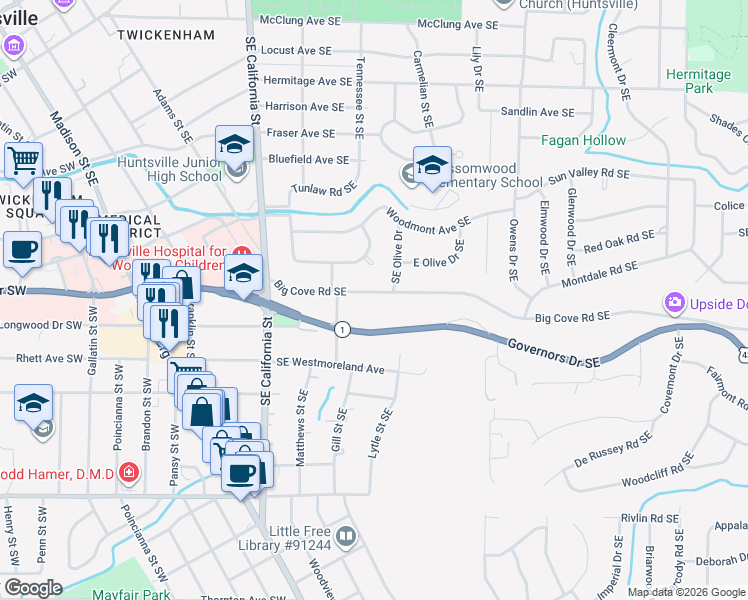 map of restaurants, bars, coffee shops, grocery stores, and more near 1207 Governors Drive Southeast in Huntsville