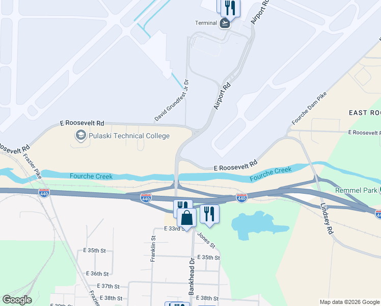 map of restaurants, bars, coffee shops, grocery stores, and more near 5194 East Roosevelt Road in Little Rock