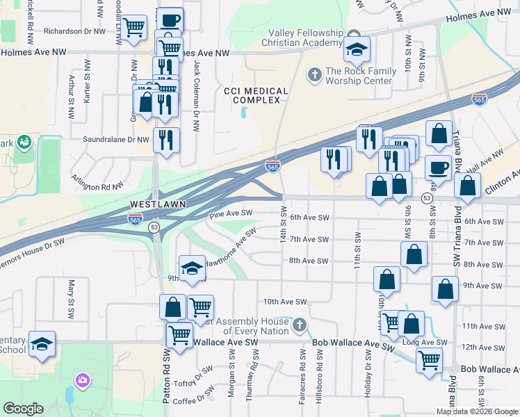 map of restaurants, bars, coffee shops, grocery stores, and more near 3906 Hawthorne Avenue Southwest in Huntsville