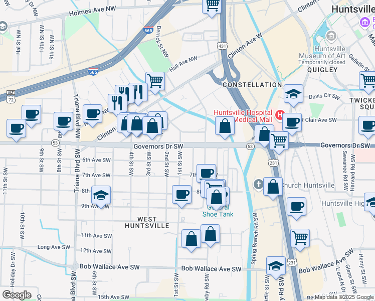 map of restaurants, bars, coffee shops, grocery stores, and more near 2010A Boardman Street Southwest in Huntsville