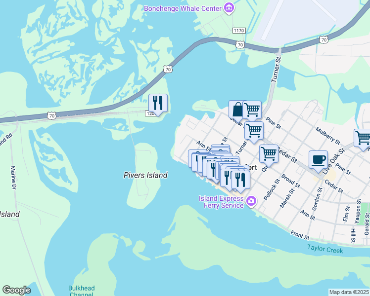 map of restaurants, bars, coffee shops, grocery stores, and more near 99 Sunset Lane in Beaufort