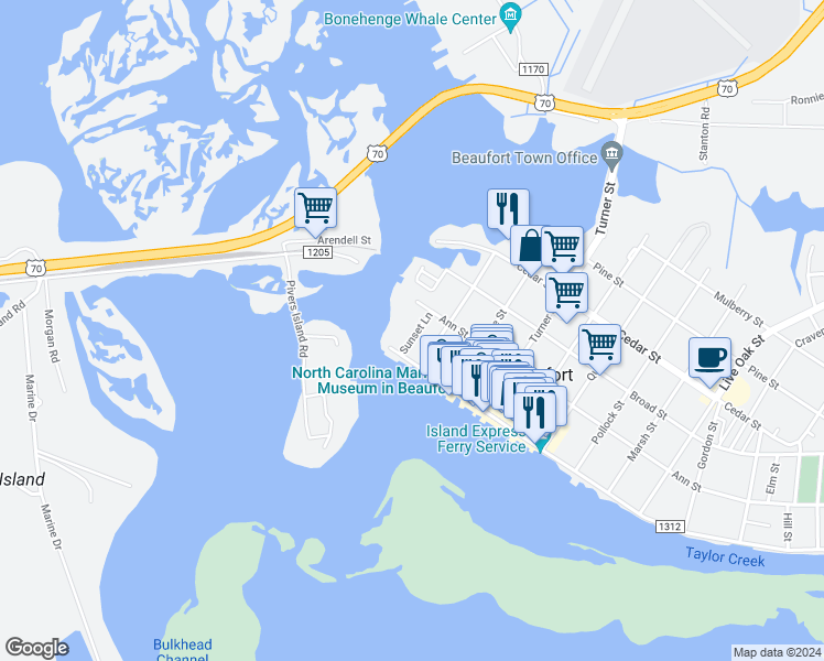 map of restaurants, bars, coffee shops, grocery stores, and more near 99 Sunset Lane in Beaufort