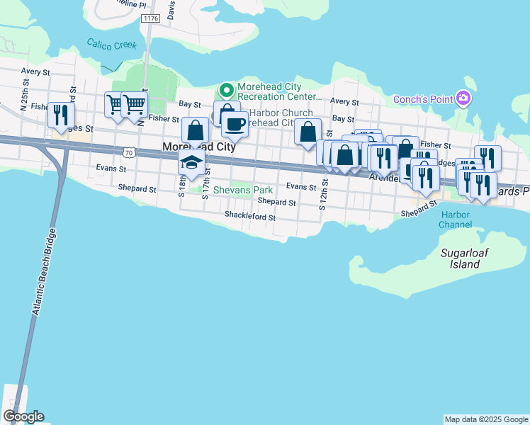 map of restaurants, bars, coffee shops, grocery stores, and more near 1404 Shackleford Street in Morehead City