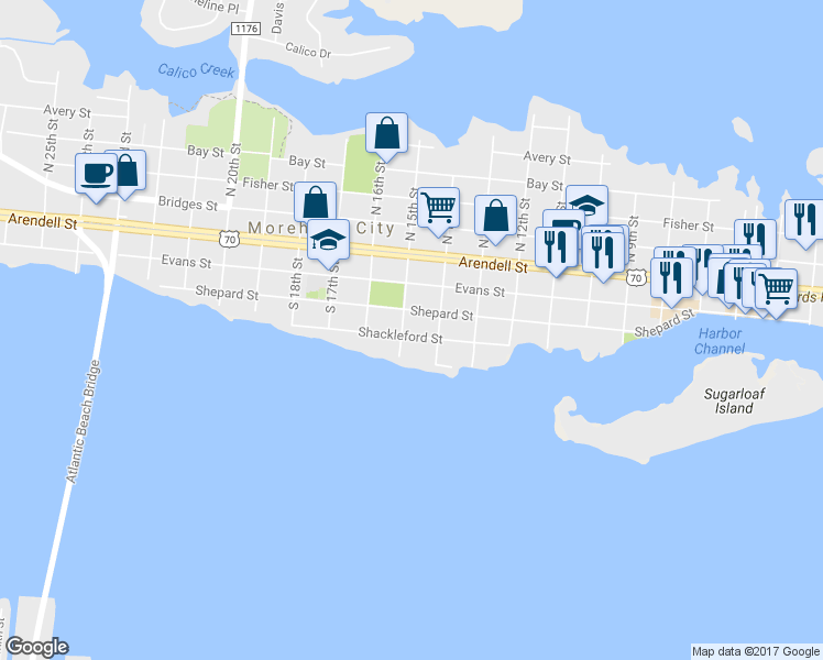 map of restaurants, bars, coffee shops, grocery stores, and more near 1410 Shackleford Street in Morehead City