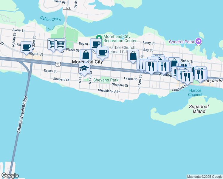 map of restaurants, bars, coffee shops, grocery stores, and more near 1410 Shackleford Street in Morehead City