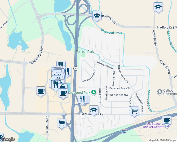 map of restaurants, bars, coffee shops, grocery stores, and more near 502 Town and Country Drive Northwest in Huntsville