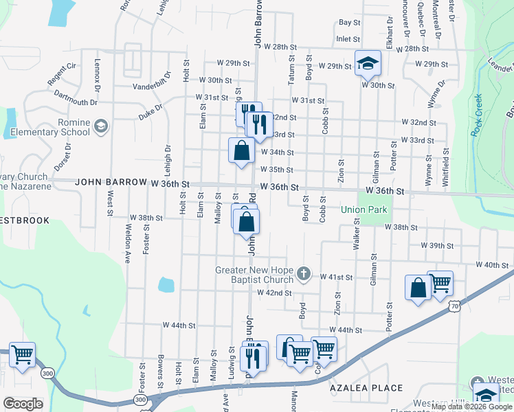 map of restaurants, bars, coffee shops, grocery stores, and more near 3715 John Barrow Road in Little Rock