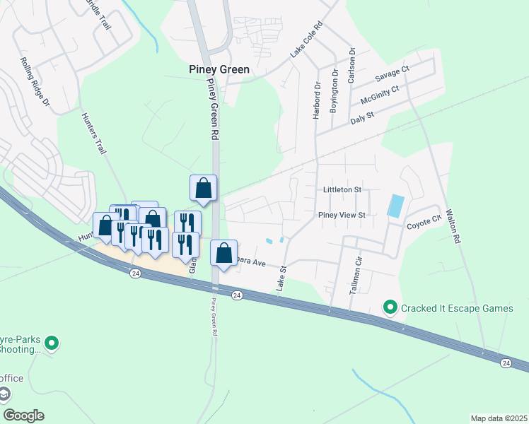 map of restaurants, bars, coffee shops, grocery stores, and more near 212 Avery Street in Piney Green