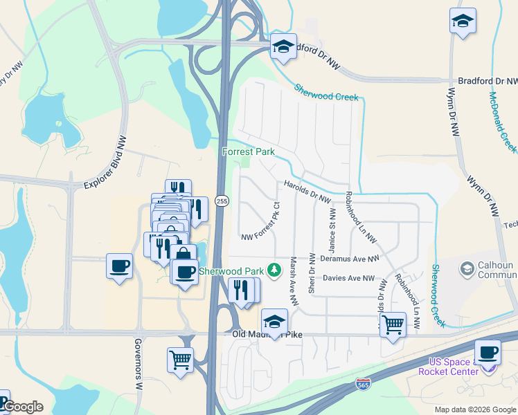 map of restaurants, bars, coffee shops, grocery stores, and more near 504 Town and Country Drive Northwest in Huntsville