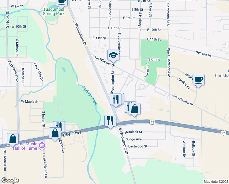 map of restaurants, bars, coffee shops, grocery stores, and more near 1211 Woodmont Drive in Tuscumbia