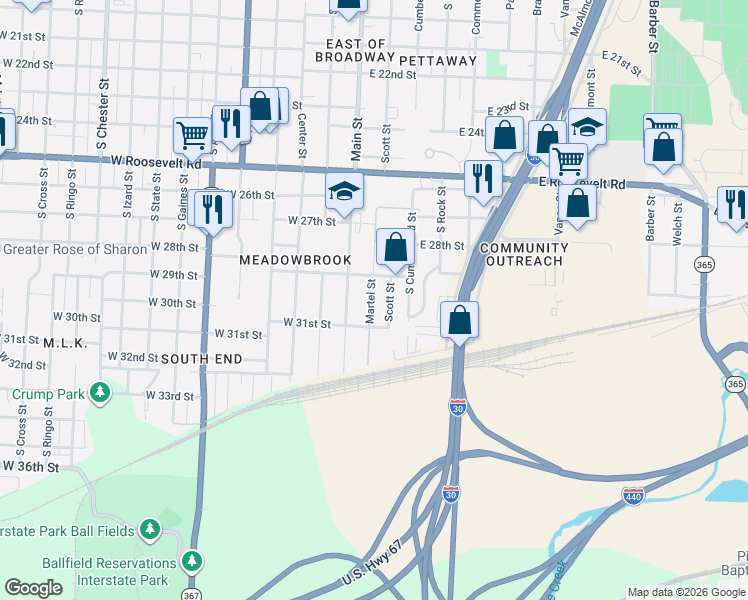 map of restaurants, bars, coffee shops, grocery stores, and more near 3009 Scott Street in Little Rock
