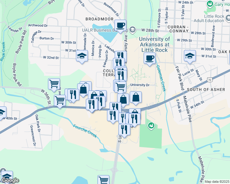 map of restaurants, bars, coffee shops, grocery stores, and more near 3708 South University Avenue in Little Rock